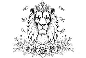powerful majestic lion with a crown, surrounded by floral ornaments and birds tattoo idea