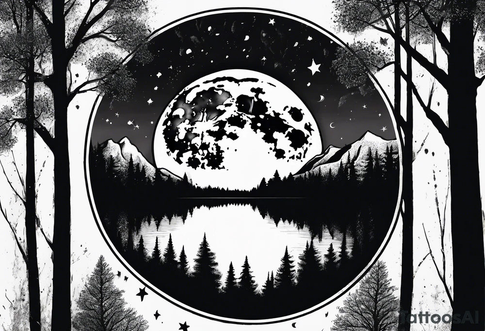 Picture of the moon, trees, lake, mountains and night sky in a circle with paint dripping tattoo idea