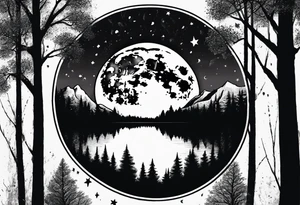 Picture of the moon, trees, lake, mountains and night sky in a circle with paint dripping tattoo idea