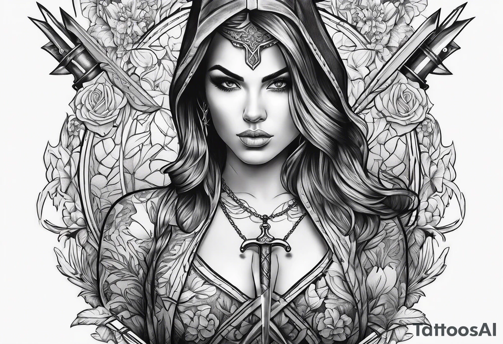 Female holding dagger tattoo idea