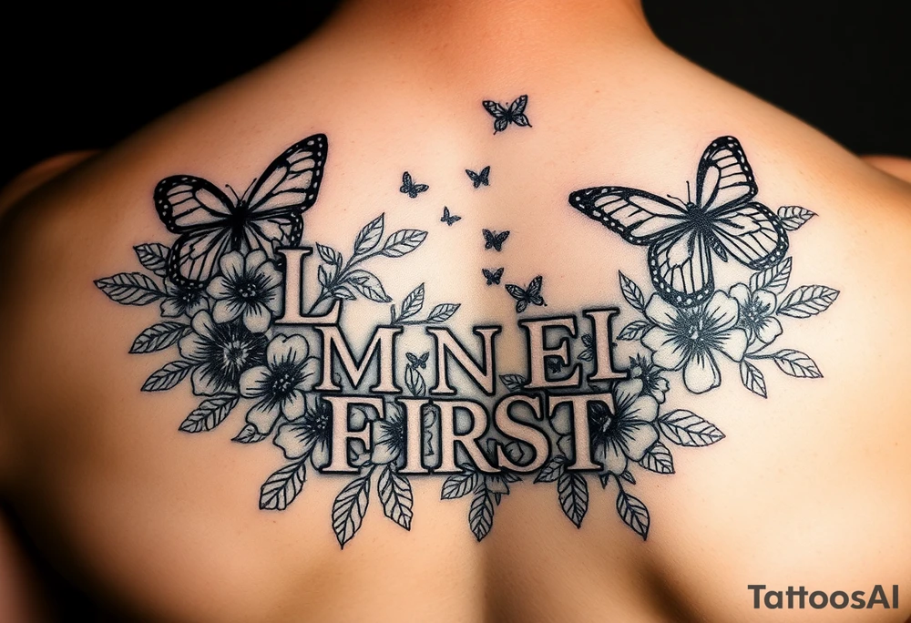 Love myself First with butterflies and flowers 
Letters L,M,N,O,P discreetly hidden among the foliage tattoo idea