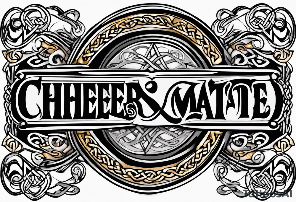 "Cheers Mate" text, armband +Celtic +grey Cancer Ribbon +tribal +artistic tattoo idea