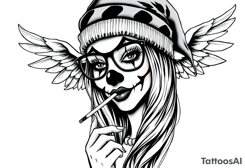 beautiful long hair pin up Clown face Girl payasa  thug beanie eyeglasses  angelic wings smoking a cigarette tattoo idea