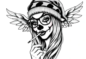 beautiful long hair pin up Clown face Girl payasa  thug beanie eyeglasses  angelic wings smoking a cigarette tattoo idea