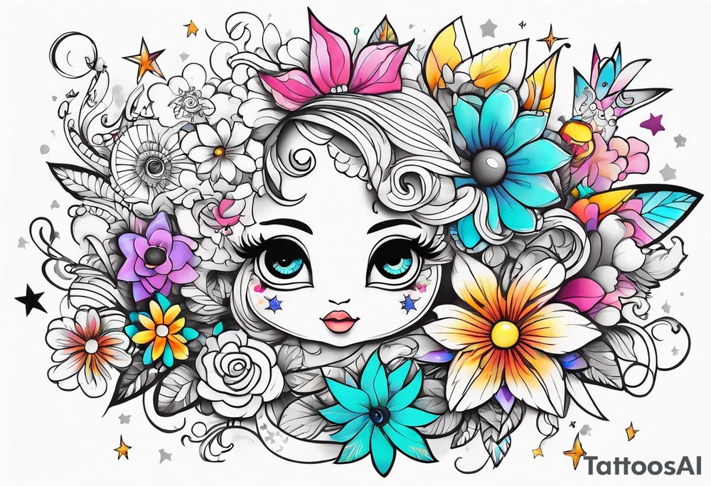 cute kawaii colorful flowers, stars, and characters tattoo idea