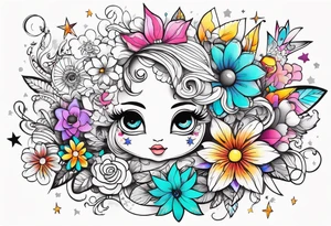 cute kawaii colorful flowers, stars, and characters tattoo idea