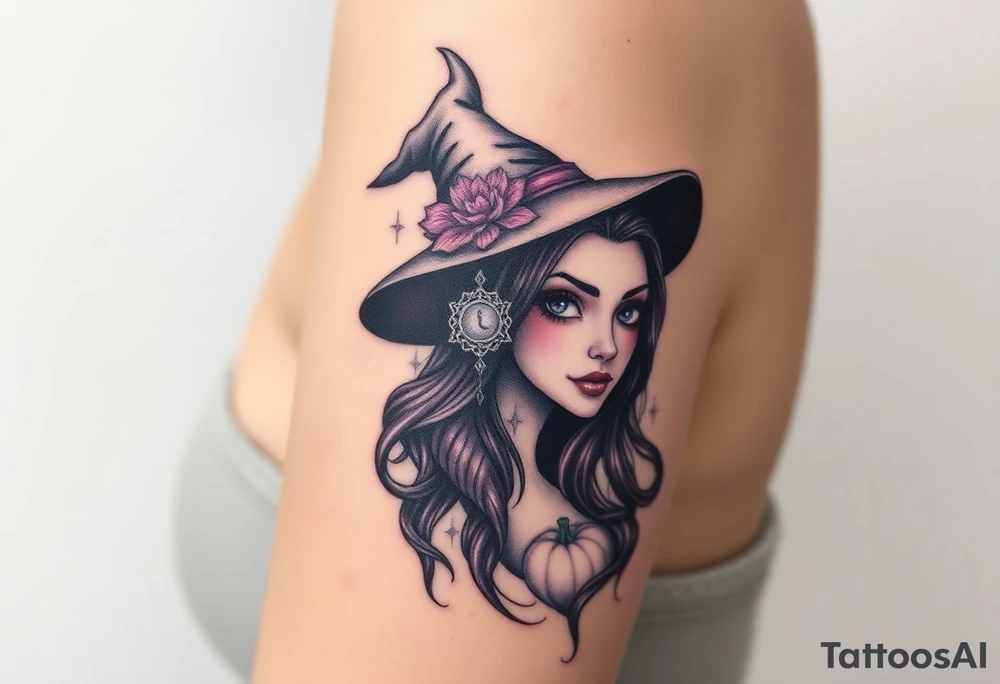 A witches portrait with purple accents and halloween ornaments tattoo idea