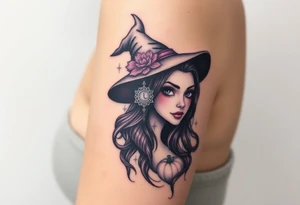 A witches portrait with purple accents and halloween ornaments tattoo idea