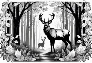 Black and white nature forest with whitetail buck fading through the leaves tattoo idea
