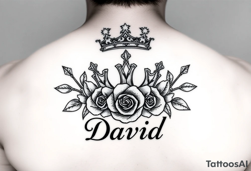 Medium side king crown above the name David and roses Tatoo idea tattoo idea