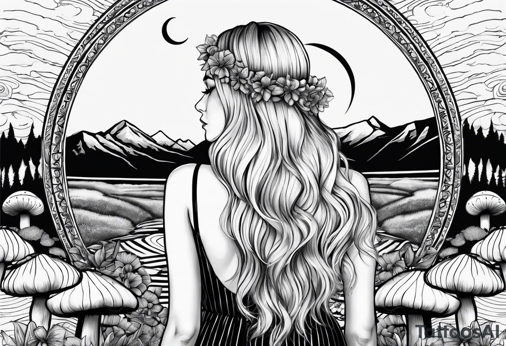 Straight blonde hair girl facing away toward mountains surrounded by mushrooms crescent moon mandala circular design black and white striped dress tattoo idea