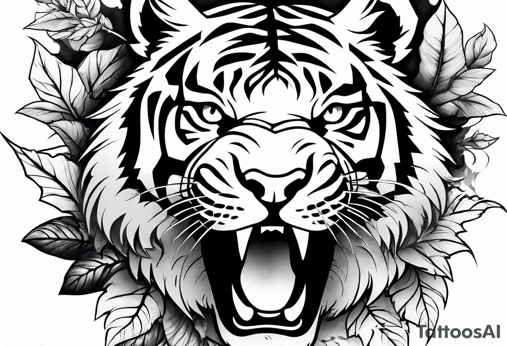 Fierce tigger growling with leaves and smoke around the image tattoo idea