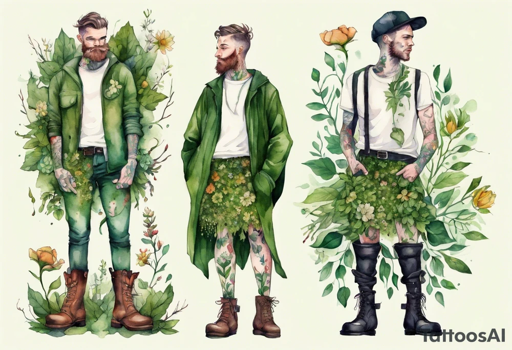 a man-flower hybrid s wearing a leafy skirt and boots covered in moss tattoo idea
