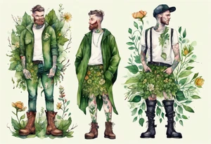a man-flower hybrid s wearing a leafy skirt and boots covered in moss tattoo idea