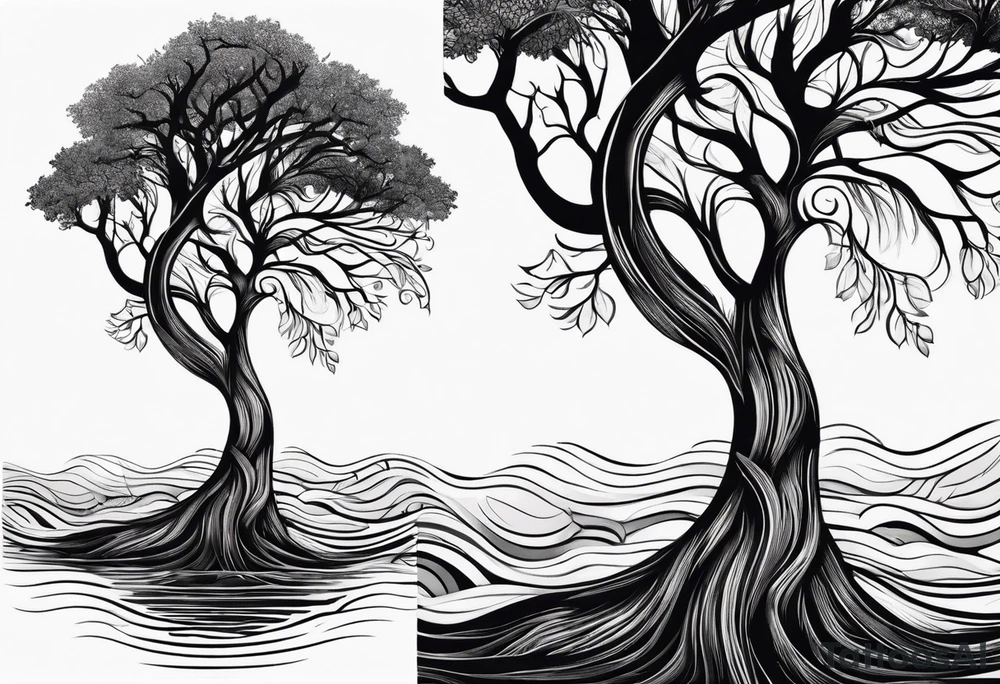 tree of life with roots growing around calming waves for forearm tattoo idea