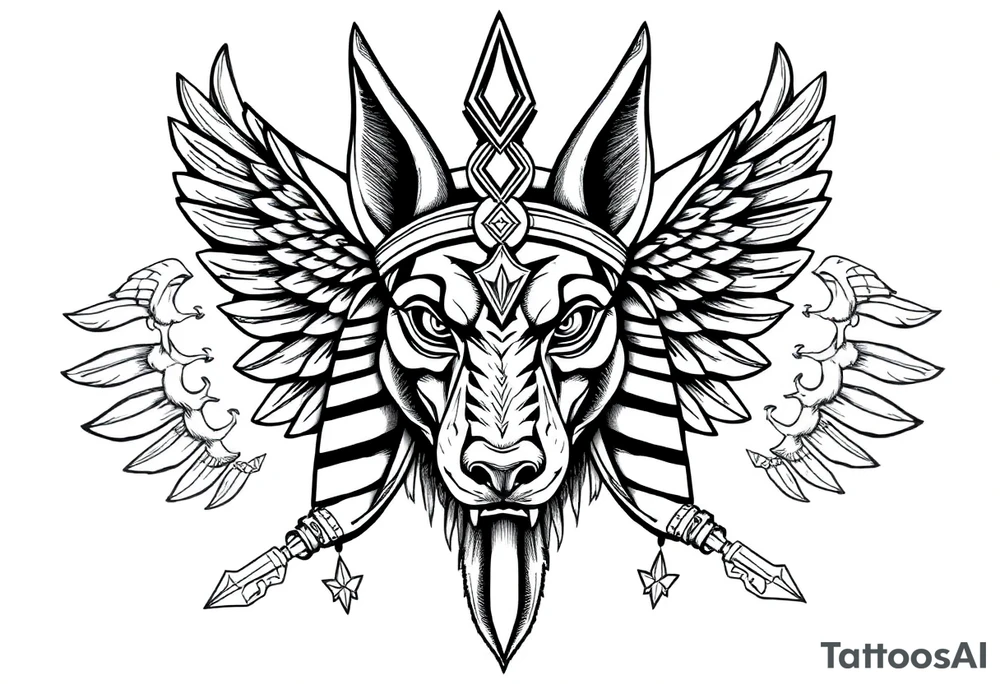 Egyptian Anubis god face muscle in Egypt style  with mantle on head

dog face surrounded Egyptian symbols based on elements tattoo idea