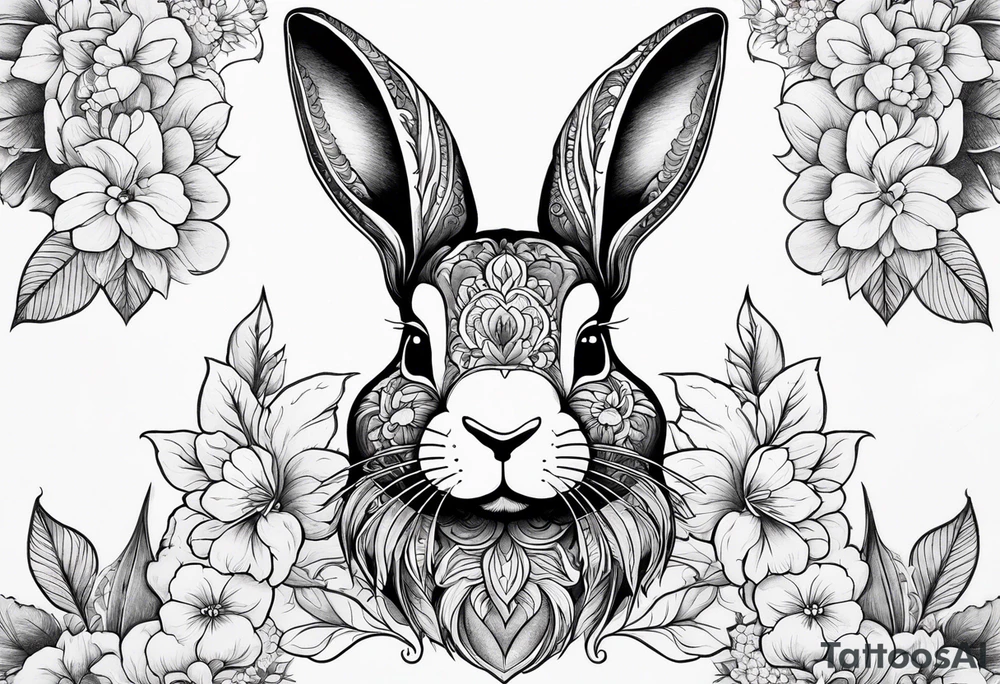 Realistic rabbit head in the middle of realistic flowers and leaves tattoo idea