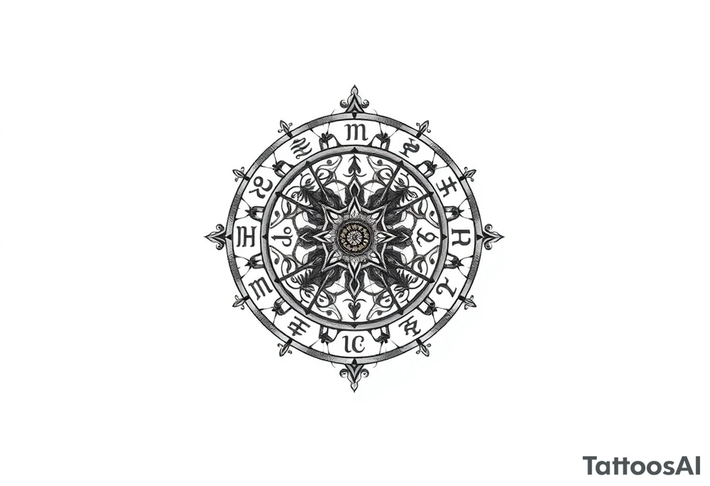 zodiac symbols runes within ornate clockwork mechanism tattoo idea