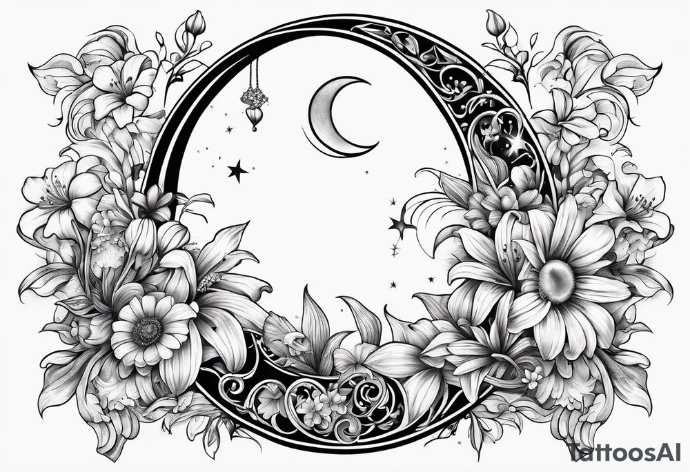Crescent moon with daisy's, lily’s, crystals, and mushrooms tattoo idea
