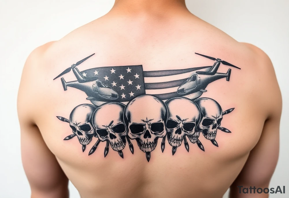 American Flag, helicopters, bullets, skulls tattoo idea