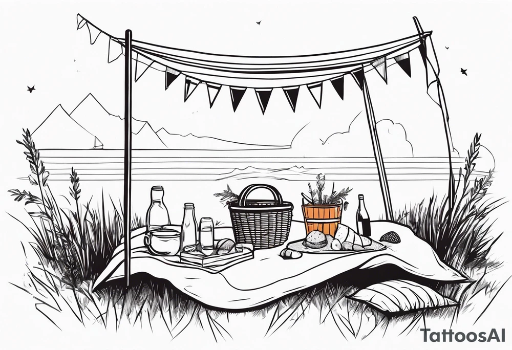 Very light and minimalstic picnic scene in nature. A blanket, picnic-basket with lid, pillows and pennants. Thin lines. tattoo idea