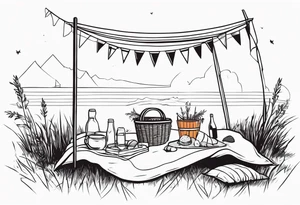 Very light and minimalstic picnic scene in nature. A blanket, picnic-basket with lid, pillows and pennants. Thin lines. tattoo idea