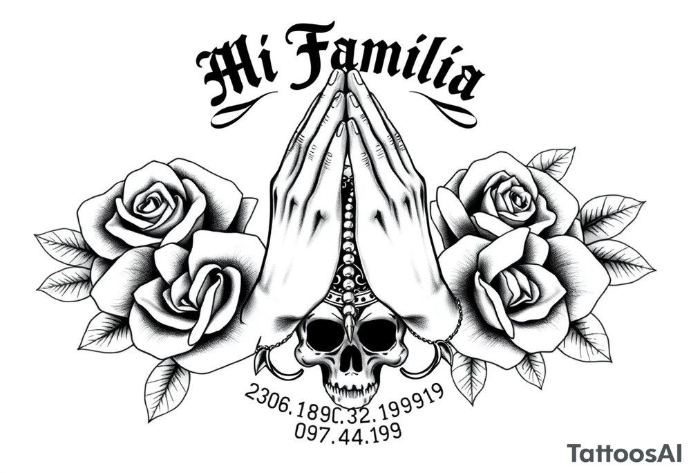 Black and grey gang style tattoo design. Centered praying hands with a rosary, surrounded by three realistic roses. Above the hands, gothic text saying 'Mi Familia'. Below each rose, a date in this order: '23.06.1980', '30.12.1946', '07.04.1979'. Add a crowned skull subtly in the background, symbolizing loyalty after death. Chicano tattoo style, fine shading, no color tattoo idea
