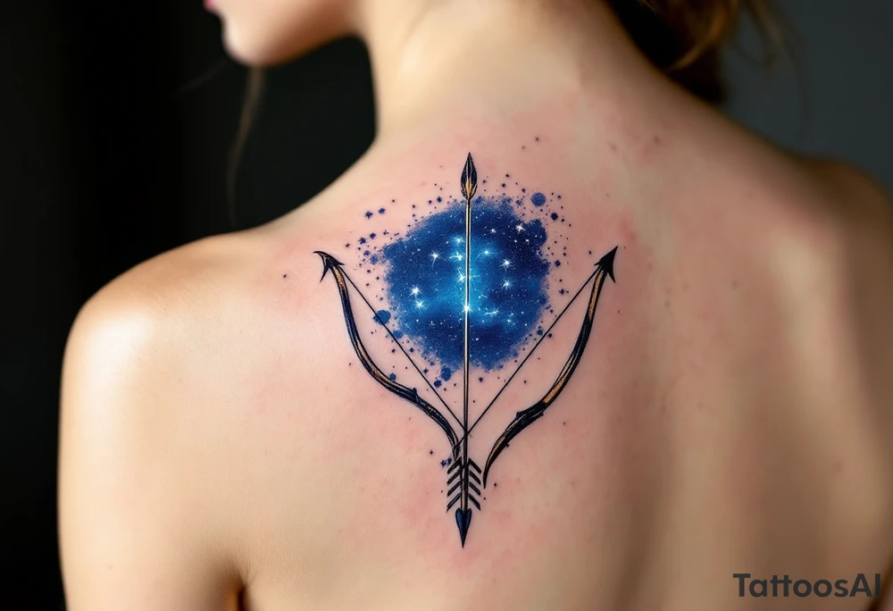 A Sagittarius bow and arrow with the constellation embedded surrounded by midnight blue. tattoo idea