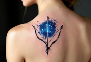 A Sagittarius bow and arrow with the constellation embedded surrounded by midnight blue. tattoo idea