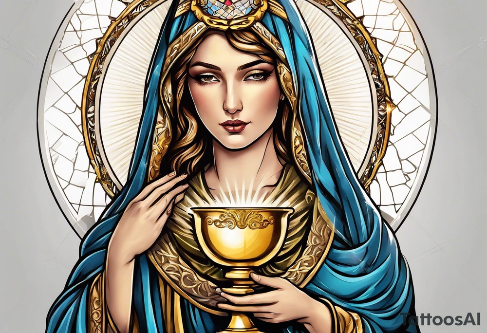 holy saint woman turned away with golden halo holding a chalice tattoo idea
