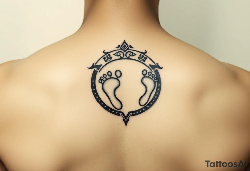 Tribal tattoo in ring/band with Ghanaian symbols as well jamaica incorporated with 4 baby foot prints tattoo idea