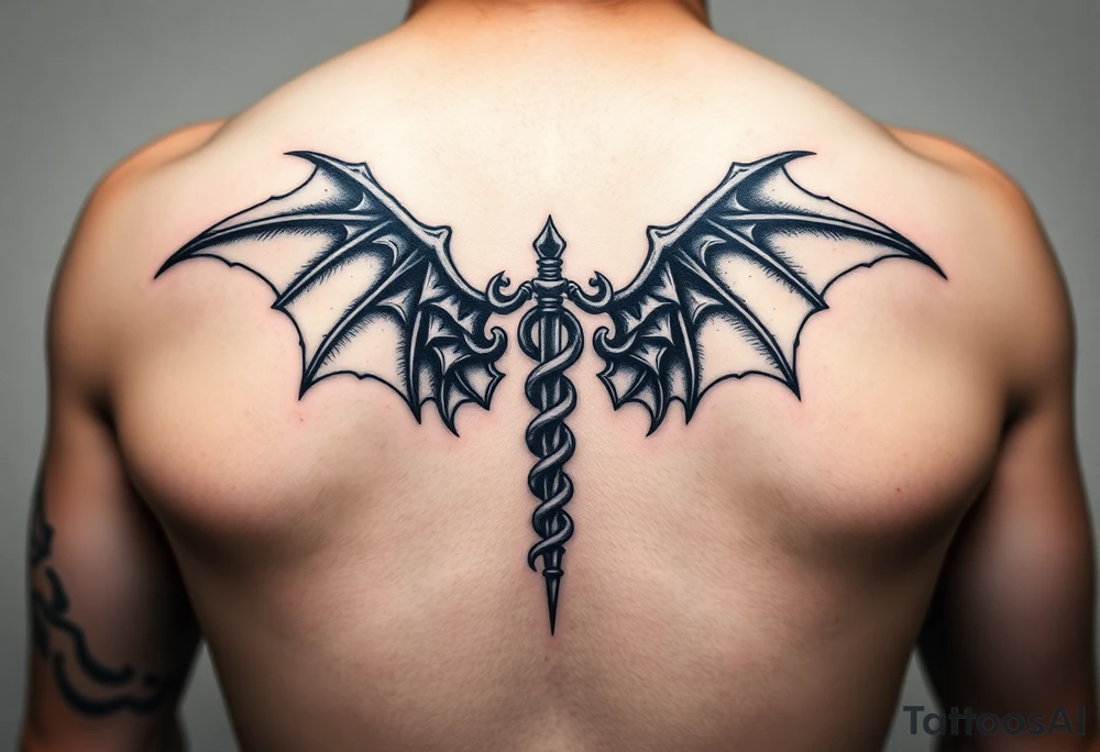 Gothic emo Caduceus on forearm with demon wings tattoo idea