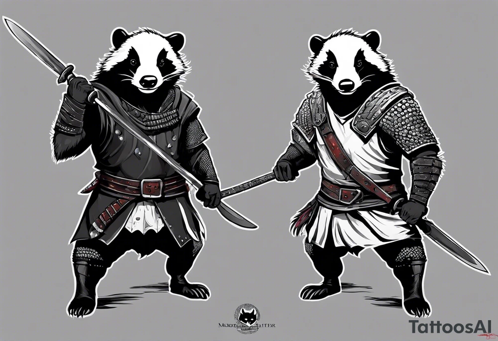 Draw me psychopath badger/Warrior with aggressive full body, killer face with a smile, very long nails and he attacks like a Bloody Warrior to us and also, he has very deadly looking. He fights with his nails. Everybody scares after their first sight. Give me horror type Badger Tattoo. I want to see his full body. tattoo idea