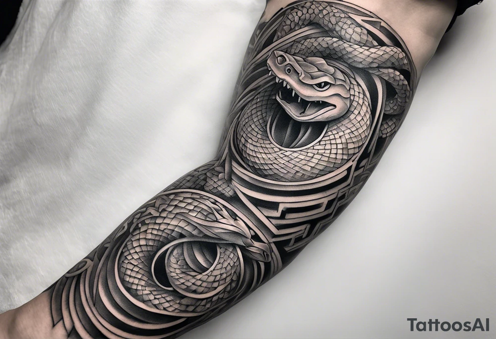 A three deminsional maze tattoo covering the arm in a sleeve with a snake wrapping around the arm biting the hand tattoo idea