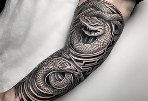 A three deminsional maze tattoo covering the arm in a sleeve with a snake wrapping around the arm biting the hand tattoo idea