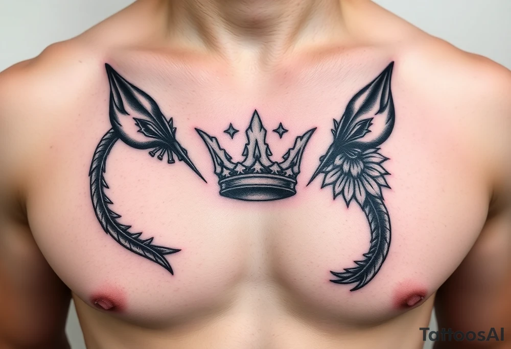 Chest tattoo, two lure and crown between tattoo idea
