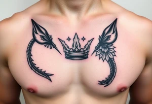 Chest tattoo, two lure and crown between tattoo idea