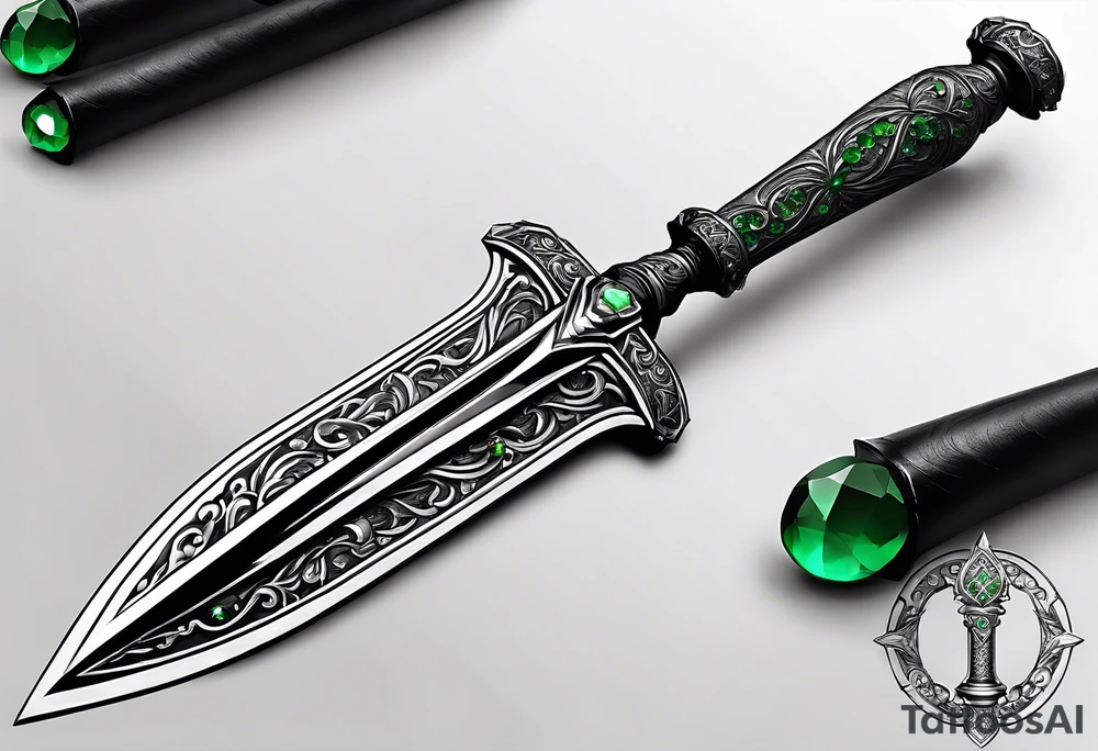 An athame dagger with an oak hilt turned upright and emerald gemstones on it tattoo idea