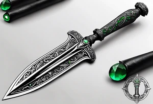 An athame dagger with an oak hilt turned upright and emerald gemstones on it tattoo idea