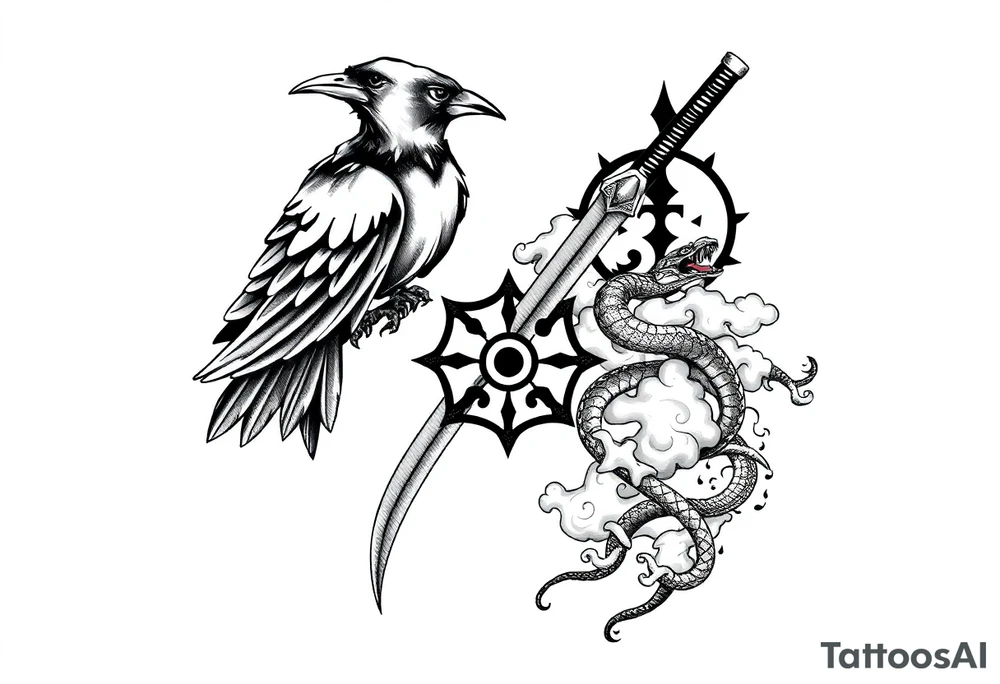 Kunai with crow, snake, Uchiha emblem and Akatsuki cloud from Naruto tattoo idea