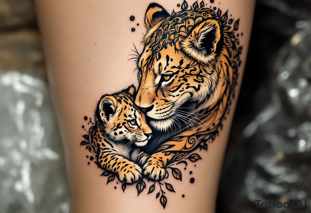 A mother lioness in golden ink nuzzling her cub with protective eyes symbolizes fierce maternal strength. tattoo idea