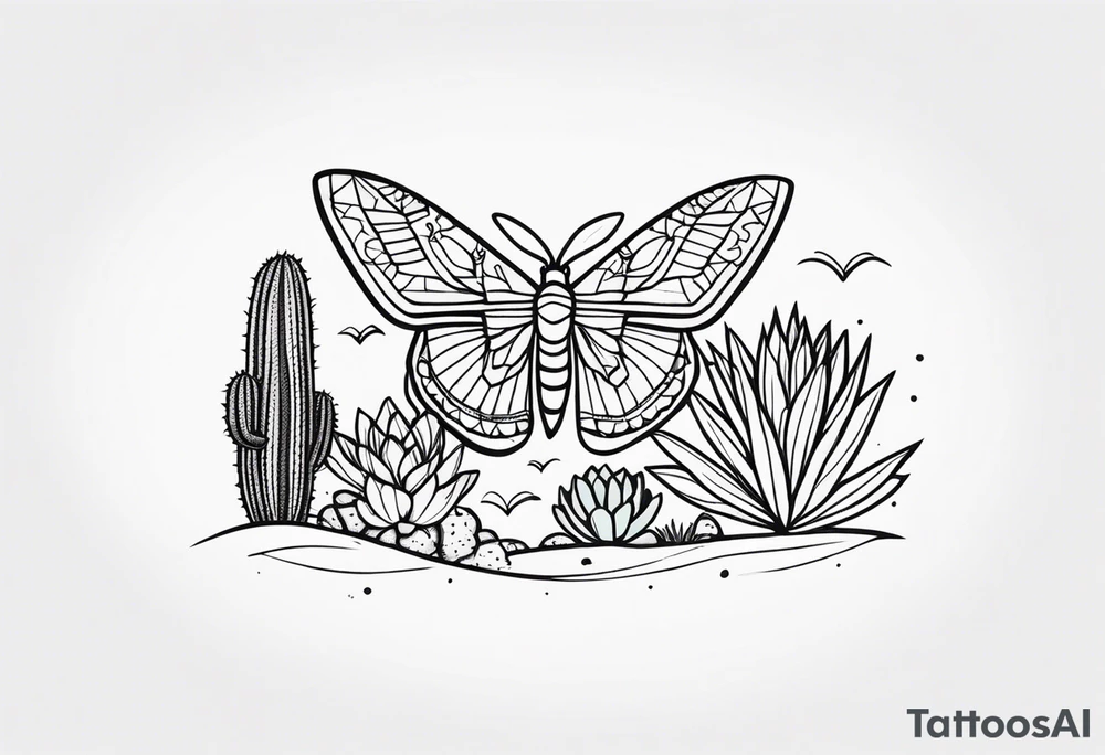Modern Mexican style small moth flying over a desert garden with cactus and small succulents tattoo idea