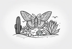 Modern Mexican style small moth flying over a desert garden with cactus and small succulents tattoo idea