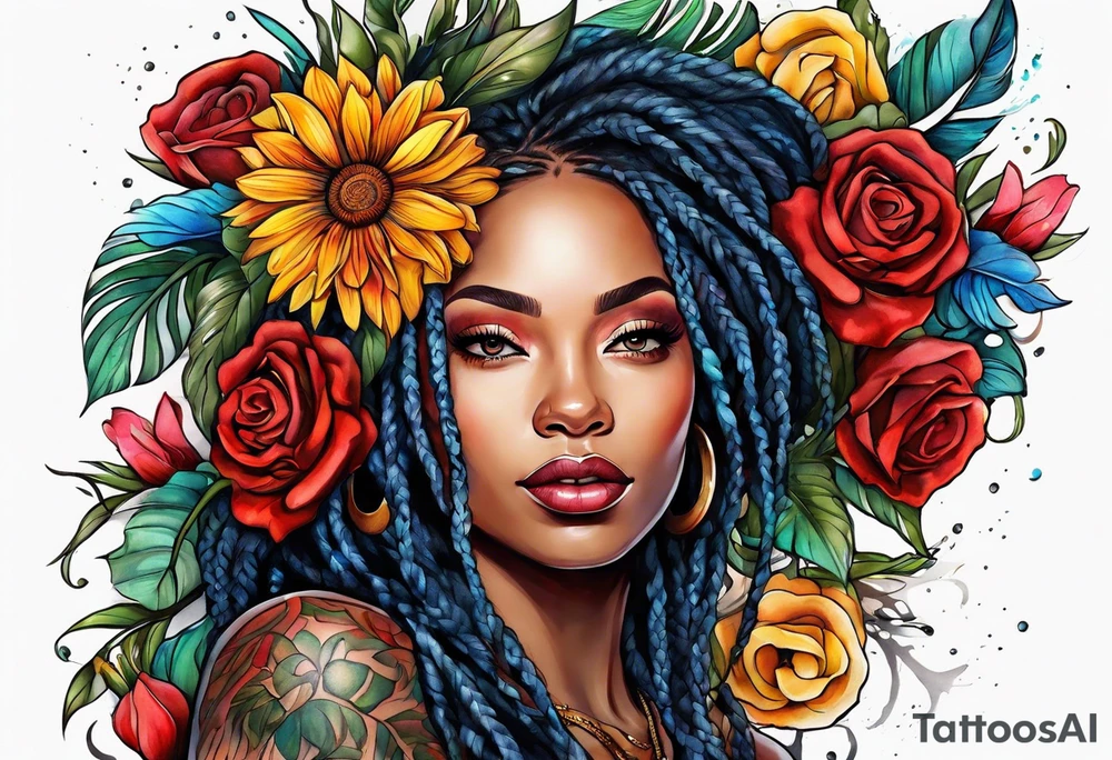 Woman with locs and flowers tattoo idea