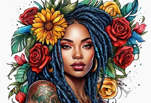 Woman with locs and flowers tattoo idea