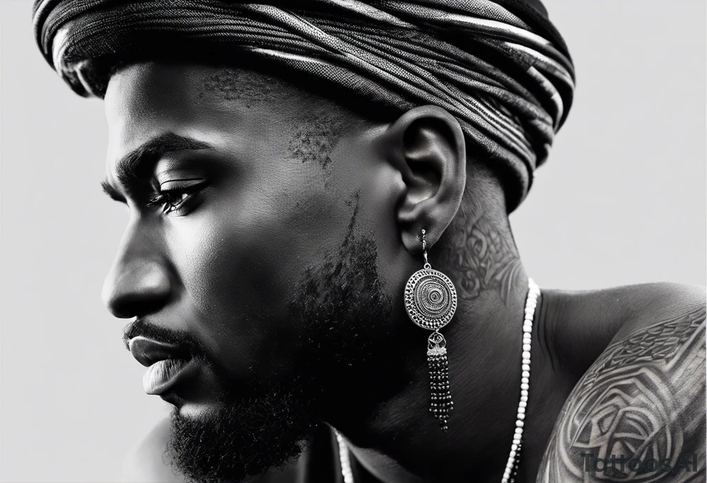 homem divindade africano realista em preto e cinza com os olhos brancos. Fundo da imagem com tons vermelhos. Usando na mão um falo de madeira com cabaças penduradas. tattoo idea