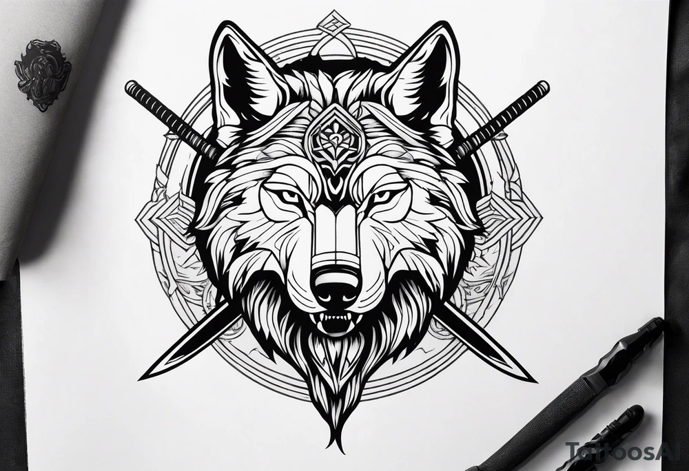 wolf head with katana tattoo idea