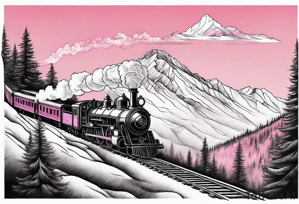 Mountain with steam train travelling down the mountain with pink horizon tattoo idea