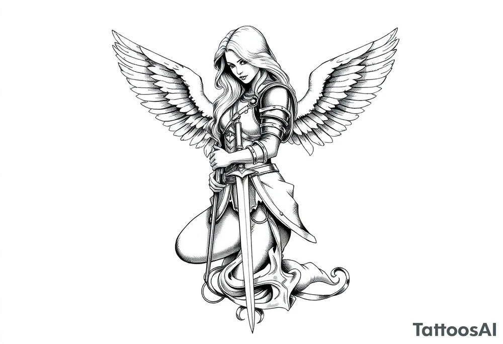 femme blonde cheveux long ondulé, un genou au sol  en armure de chevalier tenant épée vers le bas et de grandes ailes d'anges déployées tattoo idea