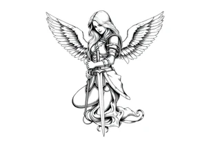 femme blonde cheveux long ondulé, un genou au sol  en armure de chevalier tenant épée vers le bas et de grandes ailes d'anges déployées tattoo idea